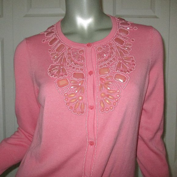 TALBOTS Coral Pink Beaded Cardigan Sweater Size Medium New - Picture 2 of 6